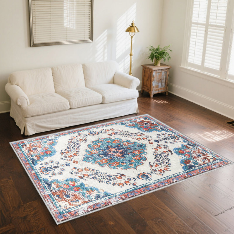 Bimlesh Persian Oriental Medallion Indoor Living Room Bedroom Washable Rug - Teal Blue, Navy & Rust, Rectangle 5' x 8'