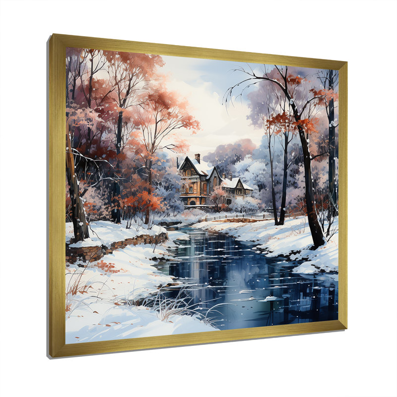 «Cabin River Forest Charm In Winter», reproduction sur toile, Cadre doré simple, H 24 po x l 24 po x P 1 po