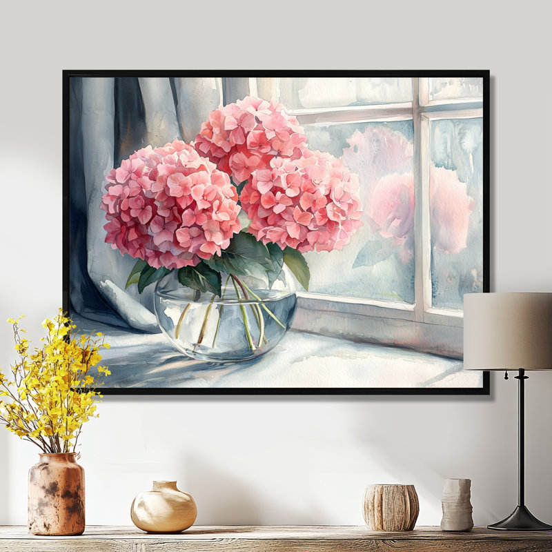 Bouquet d'hortensias Dorace par la fenêtre à la ferme - art mural hortensia, Noir, H 12 po x l 20 po