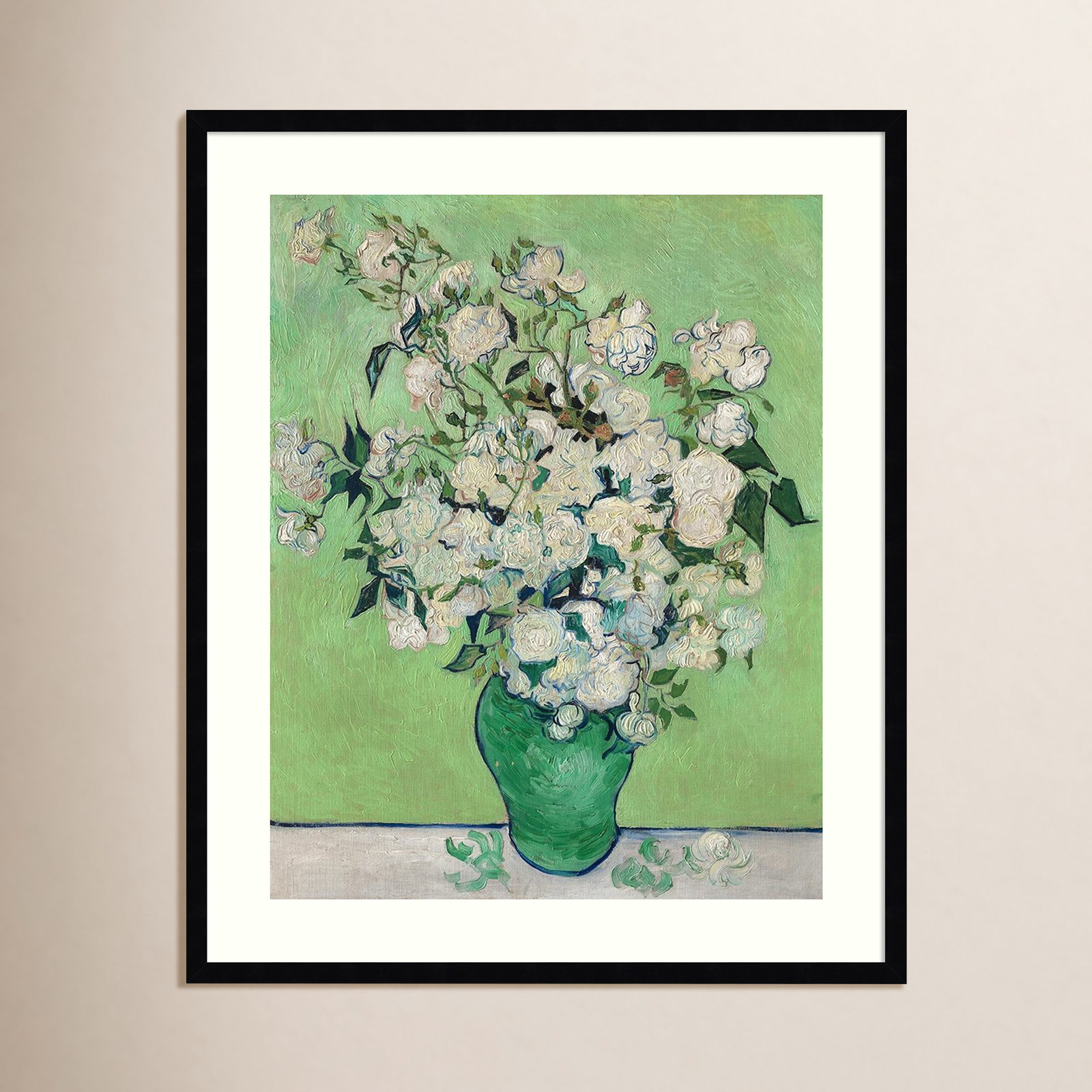 Roses, 1890 (Green Vase) Painting, 33.07" H x 27.32" W x 0.88" D, Black
