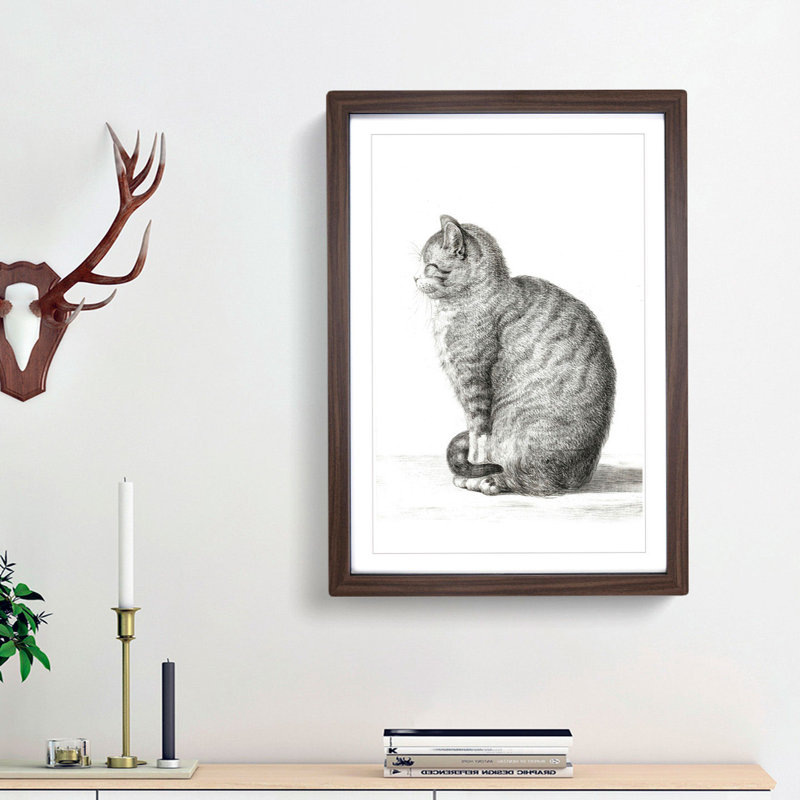 A Sitting Cat by Jean Bernard - Framed Print, 33cm H x 24cm W x 2cm D, Walnut  Bordered Framed