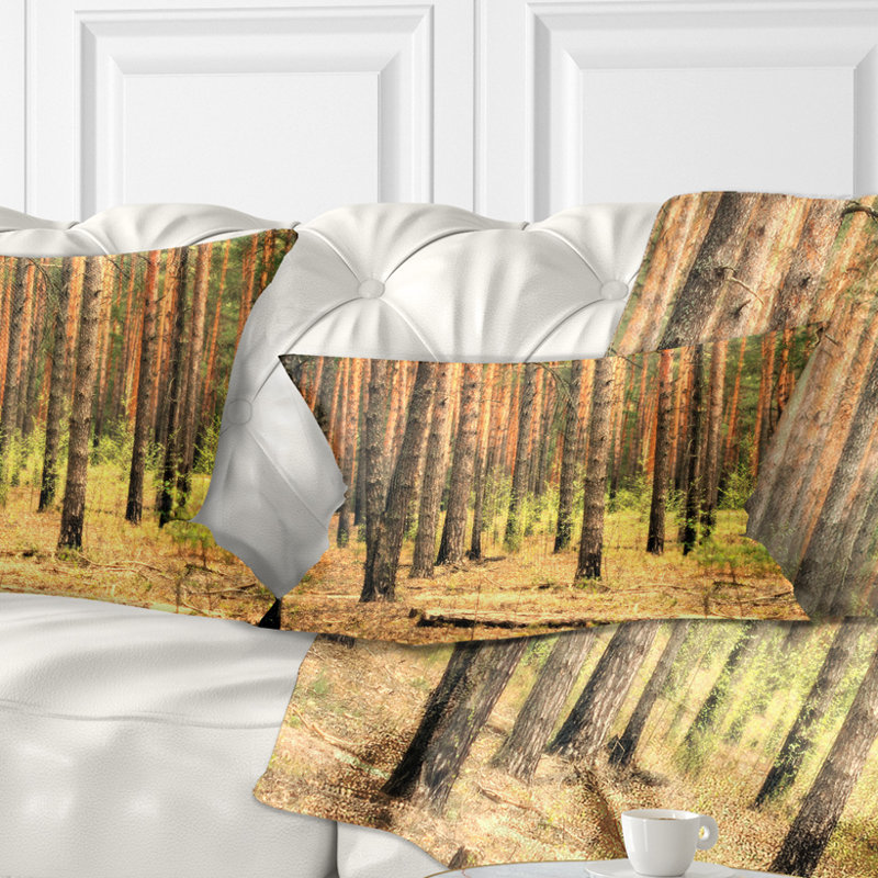 Magnifique forêt de pins au coucher du soleil - coussin décoratif imprimé forêt, 12 po x 20 po, Rectangle