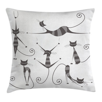 Ambesonne Cat Throw Pillow Cushion Cover, Furry Skinny Striped Cats In Several Funny Body Postures Whiskers Feline Paws Art Image, Decorative Square Accent Pillow Case