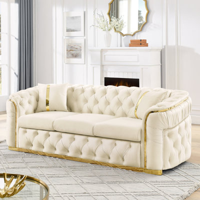 90.6 Inches Beige Velvet , 3 Seater With 2 Pillows, Gold Stainless Steel Accents, Luxury Living Room Button Beige, Accents For Modern