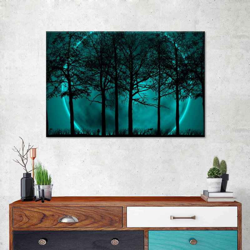 Silhouette de forêt turquoise sur toile, H 32 po x l 48 po x P 1,25 po