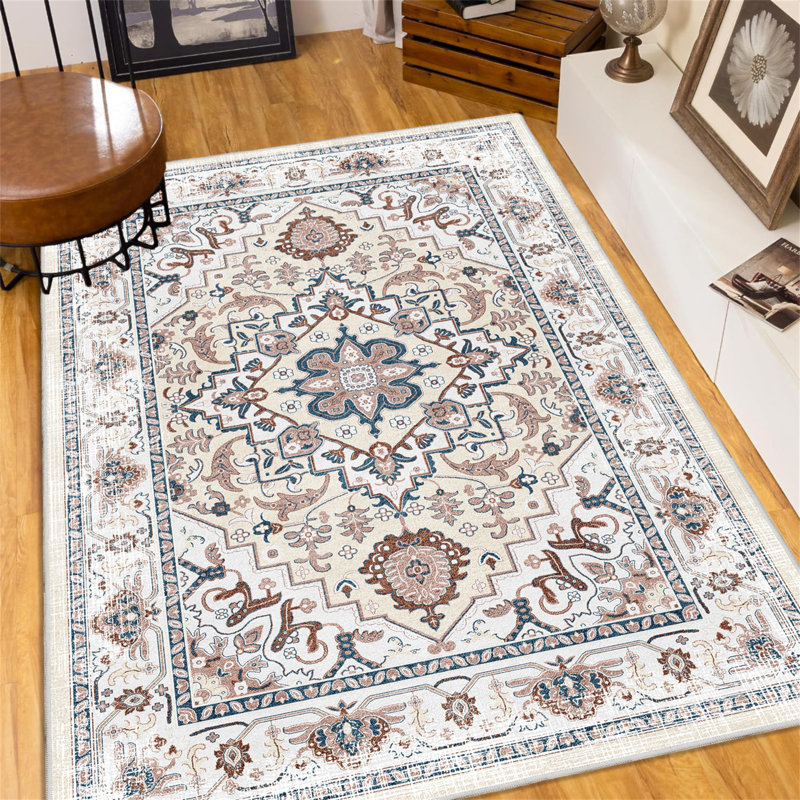 Area Rug 6X9 Vintage Bohemia Large Persian Non-Slip Washable Rug For Living Room Kitchen Bedroom Living Room Flower Design