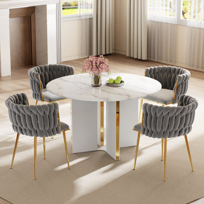 Ensemble table et chaises de salle à manger rondes avec chaises Weavon rembourrées de style milieu du siècle pour coin repas dans la cuisine