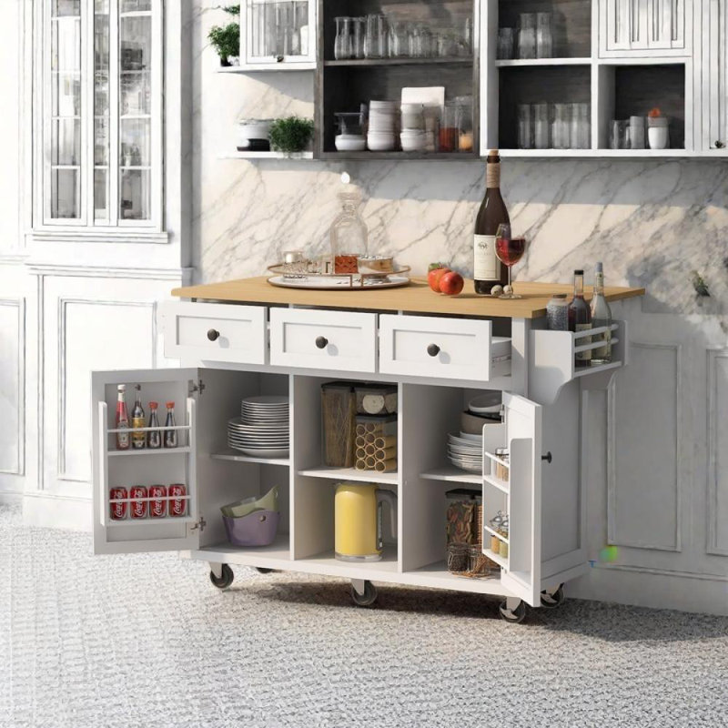 Chariot de cuisine avec comptoir rabattable et supports de rangement internes, Blanc