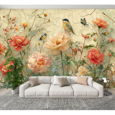Peel and Stick Wallpaper Ethereal Flowers Birds Twisting Vines Wall Murals 100"H x 144"W Removable PVC Wall Paper Self-Adhesive Wall Decor for Bedroom Living Room Home Office