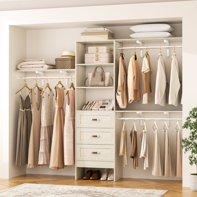 20'' - 96'' W Closet System with Wooden Drawers and Hanging Rods(Cut to Fit), White Oak