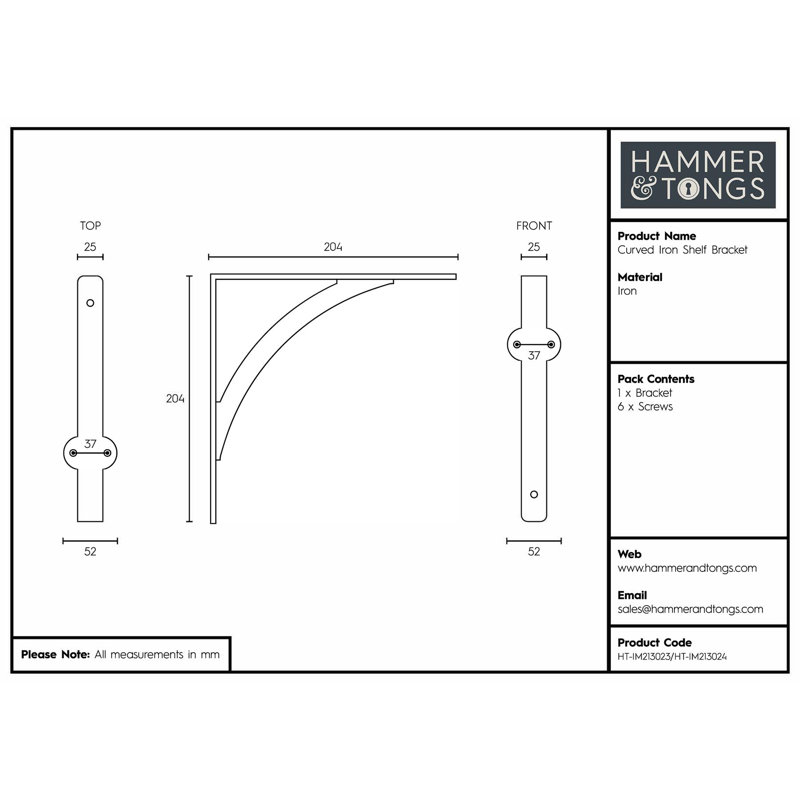 Hammer & Tongs - Curved Iron Shelf Bracket - D205mm - Raw