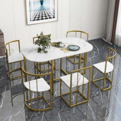 Ensemble de table à manger moderne 7 pièces, 1 table de salle à manger avec 2 chaises sans accoudoirs et 4 chaises d'angle