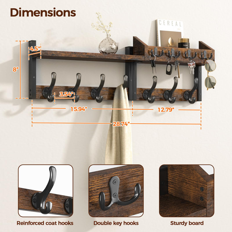 29" Wall Mounted Coat Rack With Shelves And 11 Metal Hooks, Brown