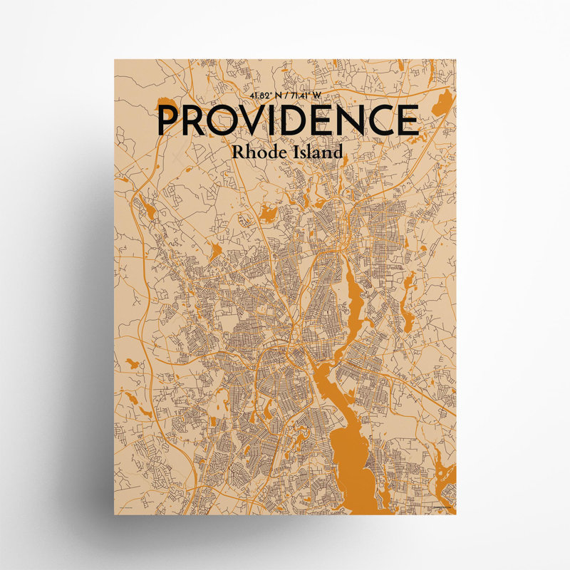 Providence, carte de la ville, impression, H 24 po x l 18 po, Orange / or pâle