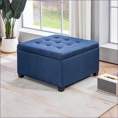 Ottoman with Storage Flip Top, Vintage Tufted Navy Blue Fabric, Eucalyptus Wood Frame for Living Room Entryway Bedroom | Black | Wood