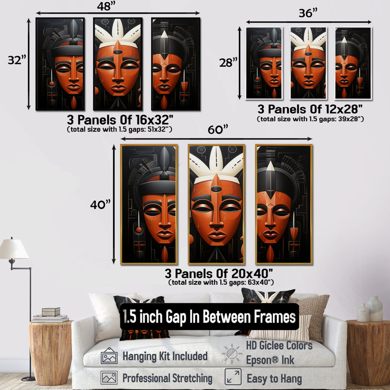 Masque africain noir et orange Kuba, H 28 po x l 36 po, Cadre flottant noir