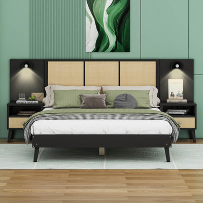 Chyrell Queen Size Bed Frame With 2 Nightstands, Elegant Design With Lamps, Rattan And Wood Combination