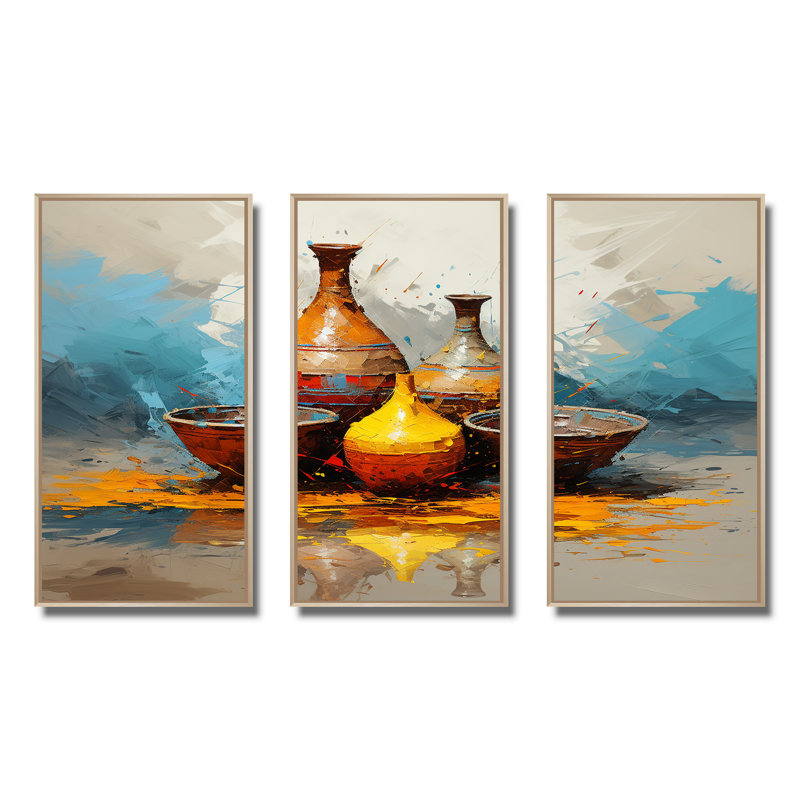 Jaune Boho Pottery Design - Boho Pottery, art mural, H 40 po x l 60 po x P 1 po, Cadre flottant brun