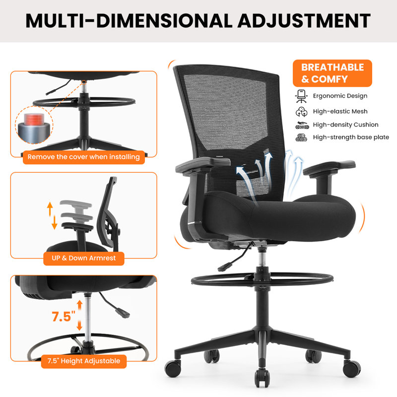 Chaise haute de bureau pour bureau debout avec siège large, support lombaire réglable en 2 dimensions,
