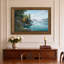 Tableau sur toile représentant une forêt et un lac bleu avec des montagnes brumeuses-615145220