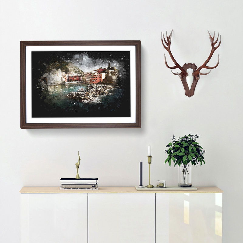 Boats in Vernazza Italy - Picture Frame Painting Print, 62cm H x 87cm W x 2cm D, Walnut Framed