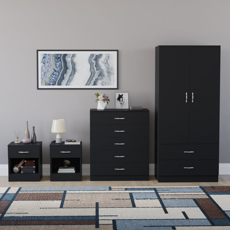 Tayce 4 Piece Bedroom Set (1 Drawer Bedside Chest X2, 5 Drawer Chest, 2 Door 2 Drawer Wardrobe), White