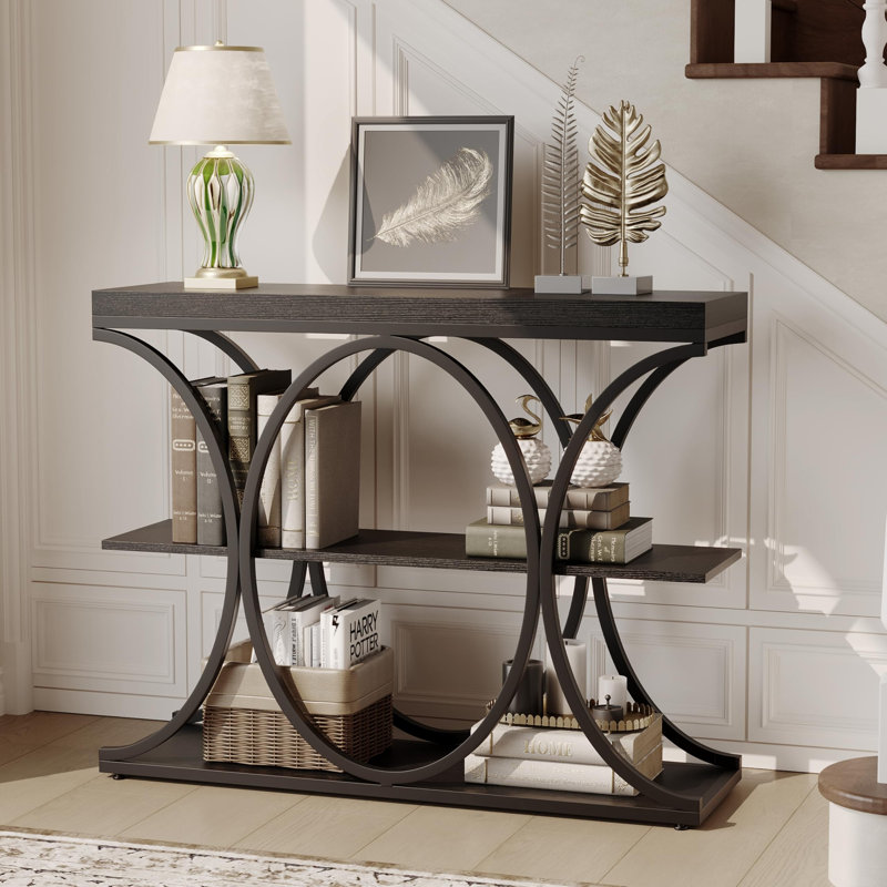 3-Tier Industrial Entryway Table with Oval-Shaped Metal Frame & Adjustable Feet, 39" Sofa Console Table, Black