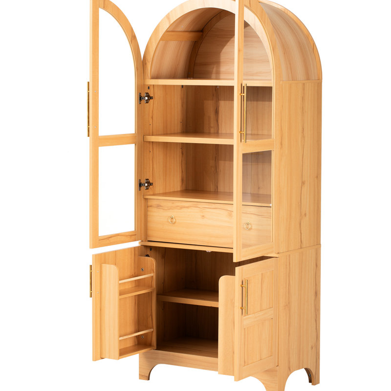 Garde-manger arqué avec 4 portes, tablettes réglables et tiroir caché, 71 po pour la salle de lecture, Natural
