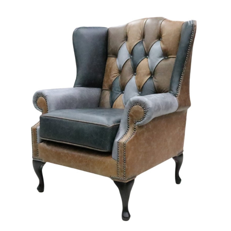 Upholstered Wingback Chair, Cracked Wax Patchwork
