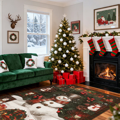 Tapis de Noël antidérapant et lavable, motif bonhomme de neige, rouge, à poils courts, pour salon, 2,4 x 3 m (8 x 10 pi), décoration de Noël