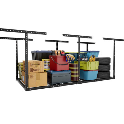 3x8FT Heavy Duty Overhead Garage Storage Rack - Adjustable Ceiling Shelving, 600 lbs Capacity, Black