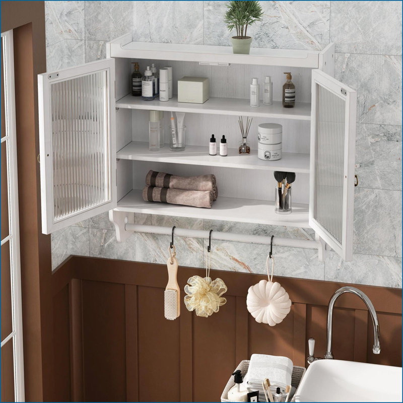 Cabinets, Vintage White Washed Solid Wood Glass Door Wall Mount | 24.8” Double Door | 3-Tier Storage + Towel Rack | White | Bathroom