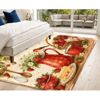 Tapis lavable à la machine à motif de fraises et de pâtisseries, avec envers antidérapant et pois. Décoration intérieure chaleureuse pour la cuisine, la salle à manger, le salon, un appartement ou un coin café.