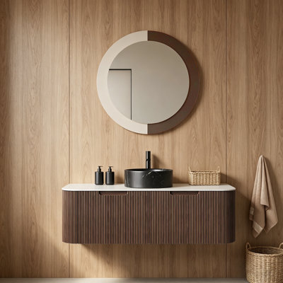 Meuble-lavabo 48 po avec lavabo et lavabo 48 po, bordures flottantes à bords arrondis avec 2 tiroirs, lavabo rond en céramique noir et plateau en pierre frittée blanc de Carrare, pré-assemblé, grain de bois noyer foncé