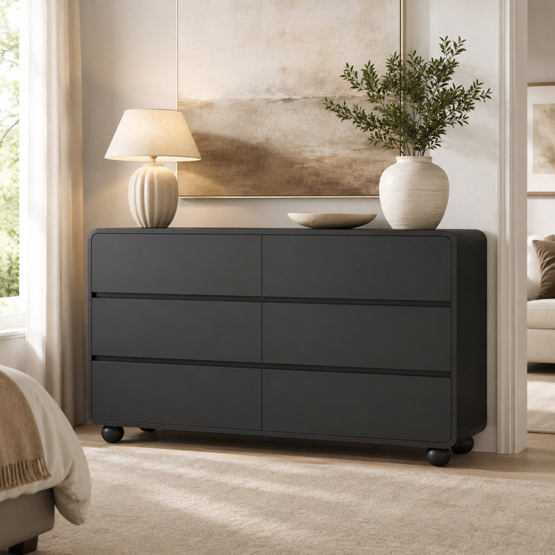 Commode moderne à 6 tiroirs avec coins arrondis, commode de rangement spacieuse, commode de chambre à coucher sans poignée pour chambre à coucher, chambre de bébé, salon et entrée