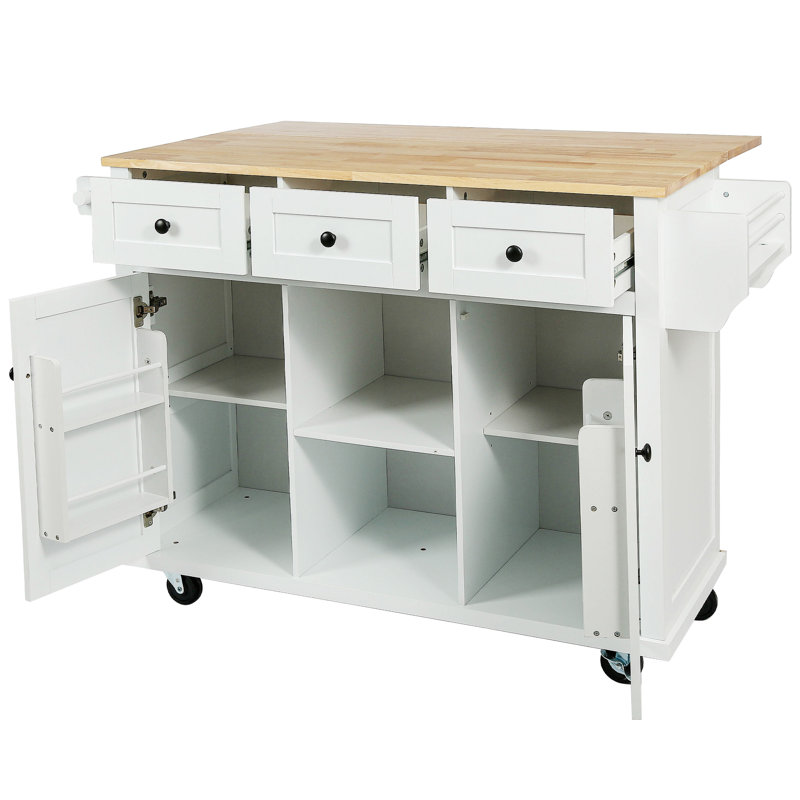 Mobile Kitchen Island Cart With Rubberwood Drop-Leaf Countertop, 3 Drawers & Cabinet Storage, 5-Wheel Rolling, White, White