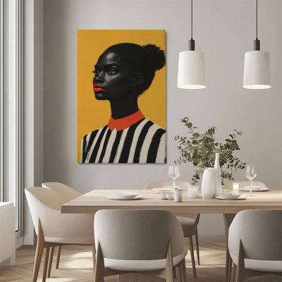 2D Flat, 1Pc Framed Canvas Wall Art, African Female Portrait, Red Lips and Striped Clothing, Modern Art Expressionism Art Print Canvas Poster Painting
