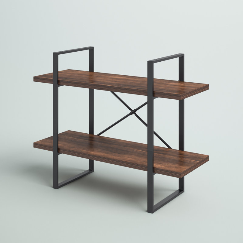 Adjustable Brown Wood Ladder Bookcase with Industrial Metal Frame