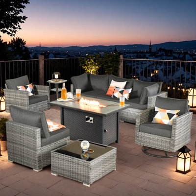 Wicker 6 - Person Outdoor Seating Group With Cushions With Fire Pit Table And Swivel Rocking Chairs