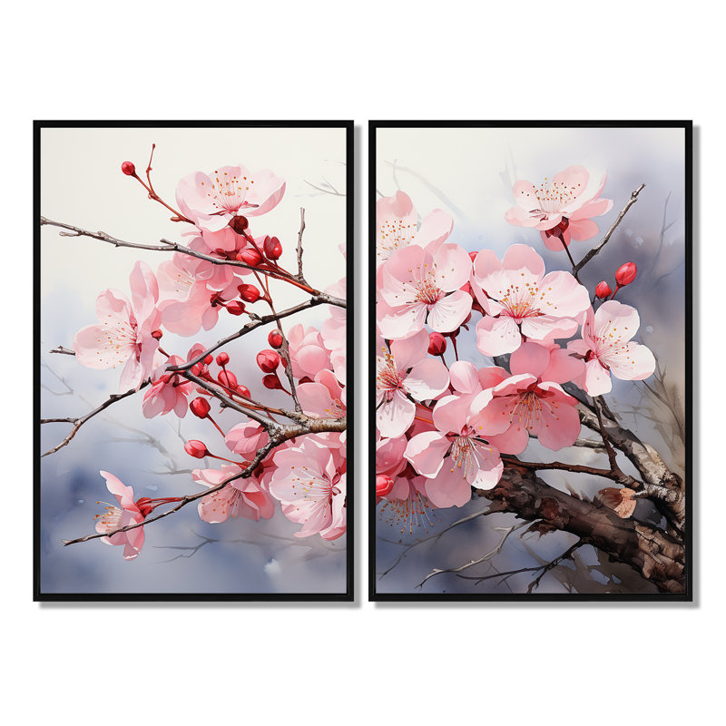 «Signe China Art Cherry Blossom - Blue Global Wall Art», ensemble de 2, H 36 po x l 48 po, Noir
