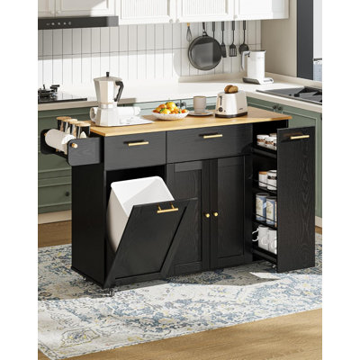 55" Kitchen Island with 5 Wheels, Storage & Flip-Top Trash Can by Red Barrel Studio