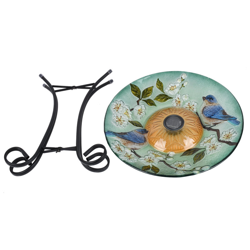 Bain d'oiseaux solaire en verre à DEL avec support - Oiseau bleu et fleur de pêcher