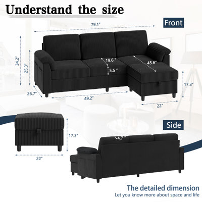 79" Upholstered L-Shaped Sofa with Ottoman 
