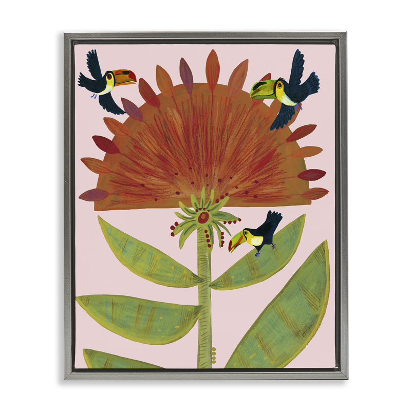 Cadre flottant plante tropicale et toucans, design par Kay Widdowson, Cadre flottant gris lustré, H 31 po x l 25 po