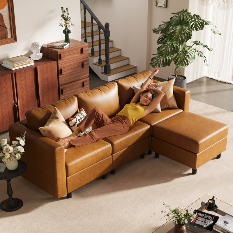 Canapé modulaire réversible en L de 91,5 po avec siège de rangement Caynemore 4 pièces - Similicuir brun, Similicuir brun
