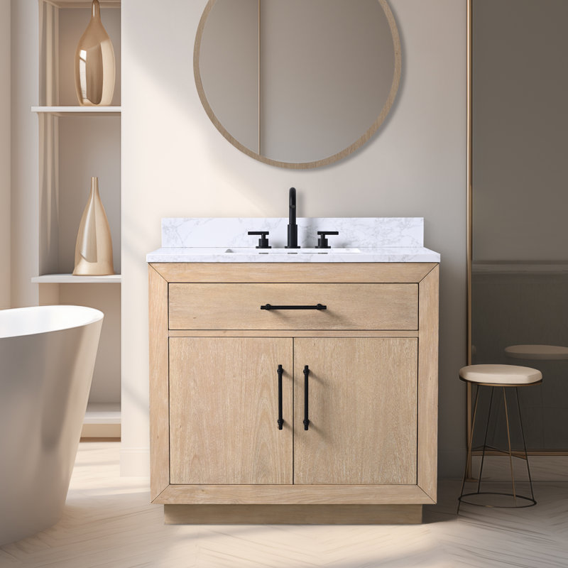 Ensemble de meuble-lavabo sur pied 36 po avec plateau en marbre d'ingénierie Avignon, Blé clair, Blanc