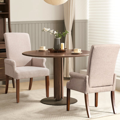 Chaises de salle à manger avec accoudoirs, chaise d'appoint en tissu de lin à haut dossier avec pieds en bois massif, chaise d'appoint ergonomique rembourrée pour cuisine, salon, chambre à coucher, bureau, brun ivoire