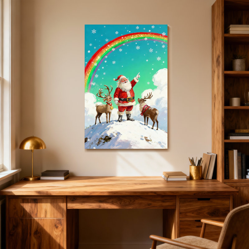 Noël père Noël avec renne et arc-en-ciel, H 24 po x l 16 po