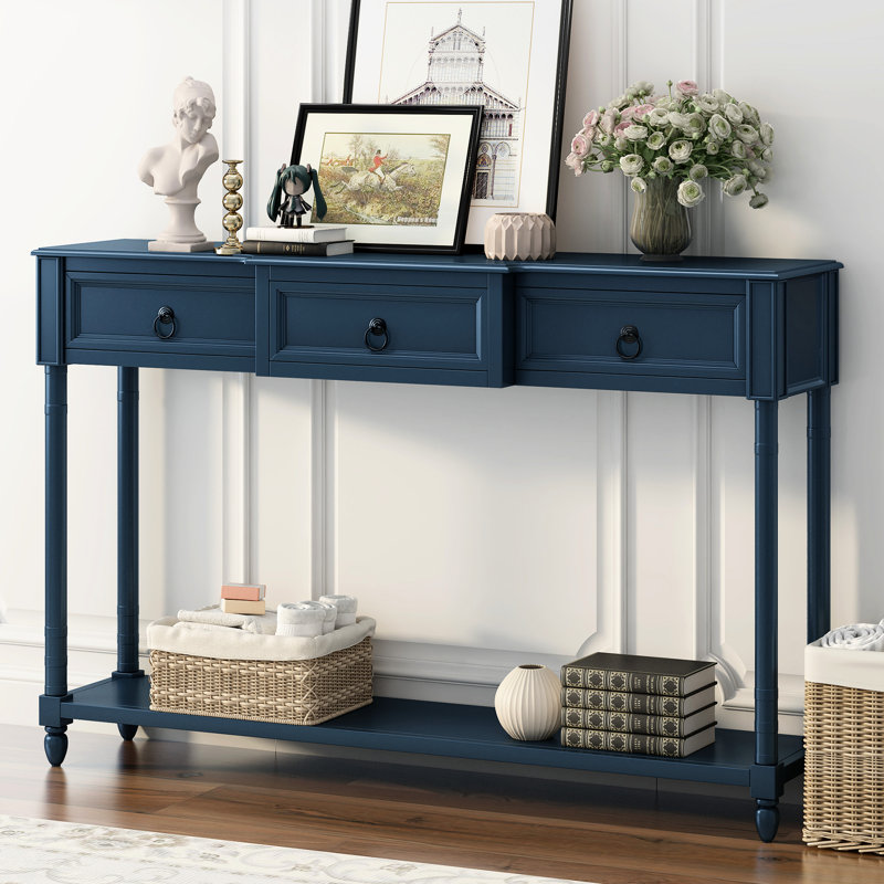 Élégante table de vestibule avec tiroirs et tablette inférieure, console rustique bleu marine fonctionnelle