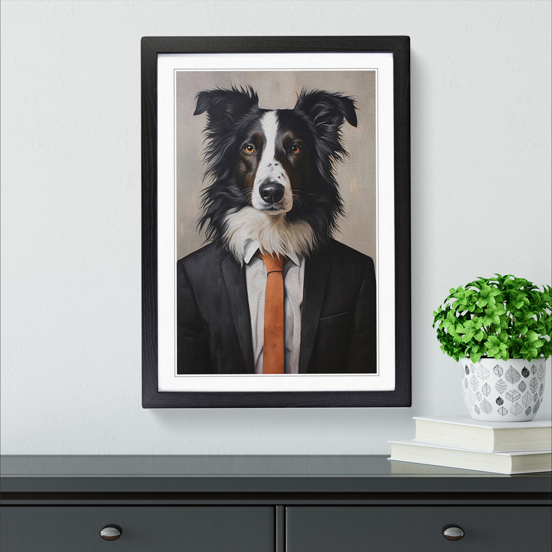 Border Collie in a Suit Painting - Framed Print